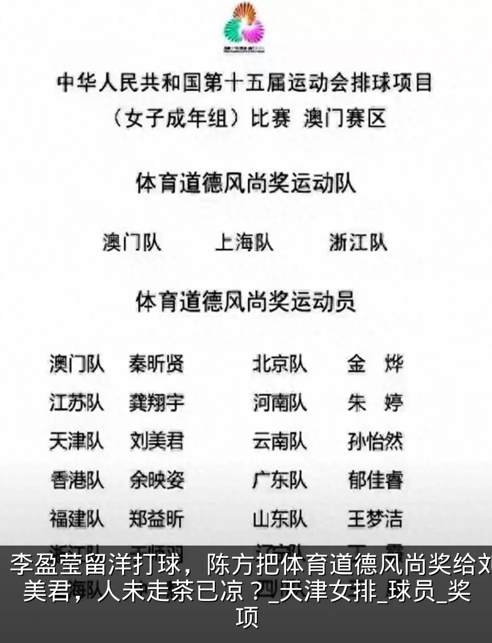 李盈莹留洋打球,陈方把体育道德风尚奖给刘美君,人未走茶已凉?_天津女排_球员_奖项